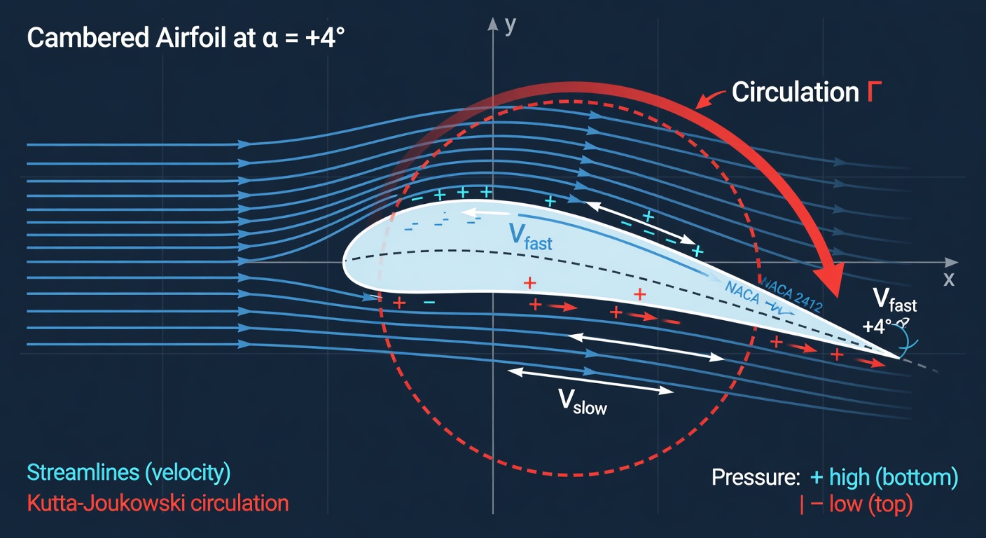 Streamlines around a cambered airfoil at positive alpha showing higher velocity (denser streamlines) on top, plus a superimposed circulation arrow around the airfoil.