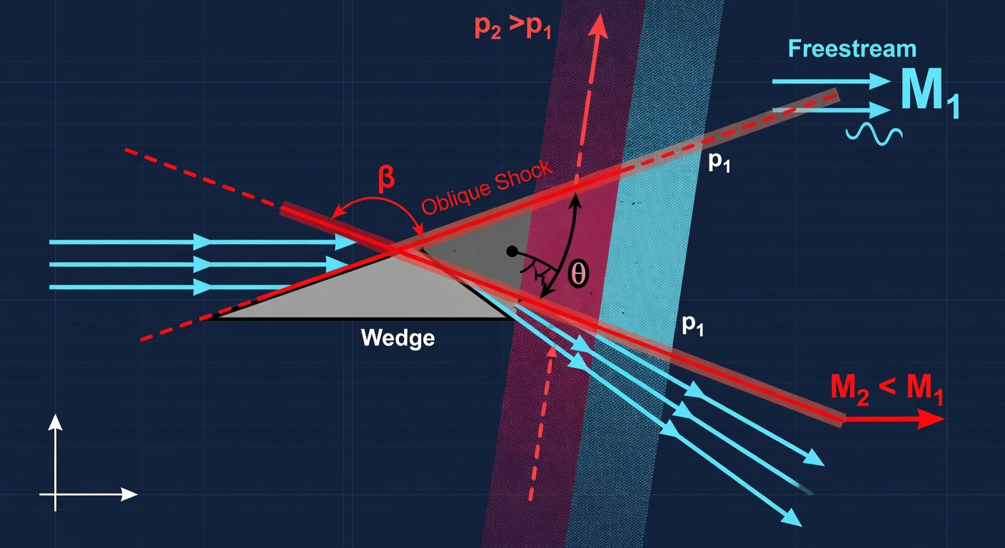 Diagram of a wedge in supersonic flow showing the oblique shock wave at angle β, flow deflected by θ after the shock, with regions labeled 1 (freestream) and 2 (post-shock).