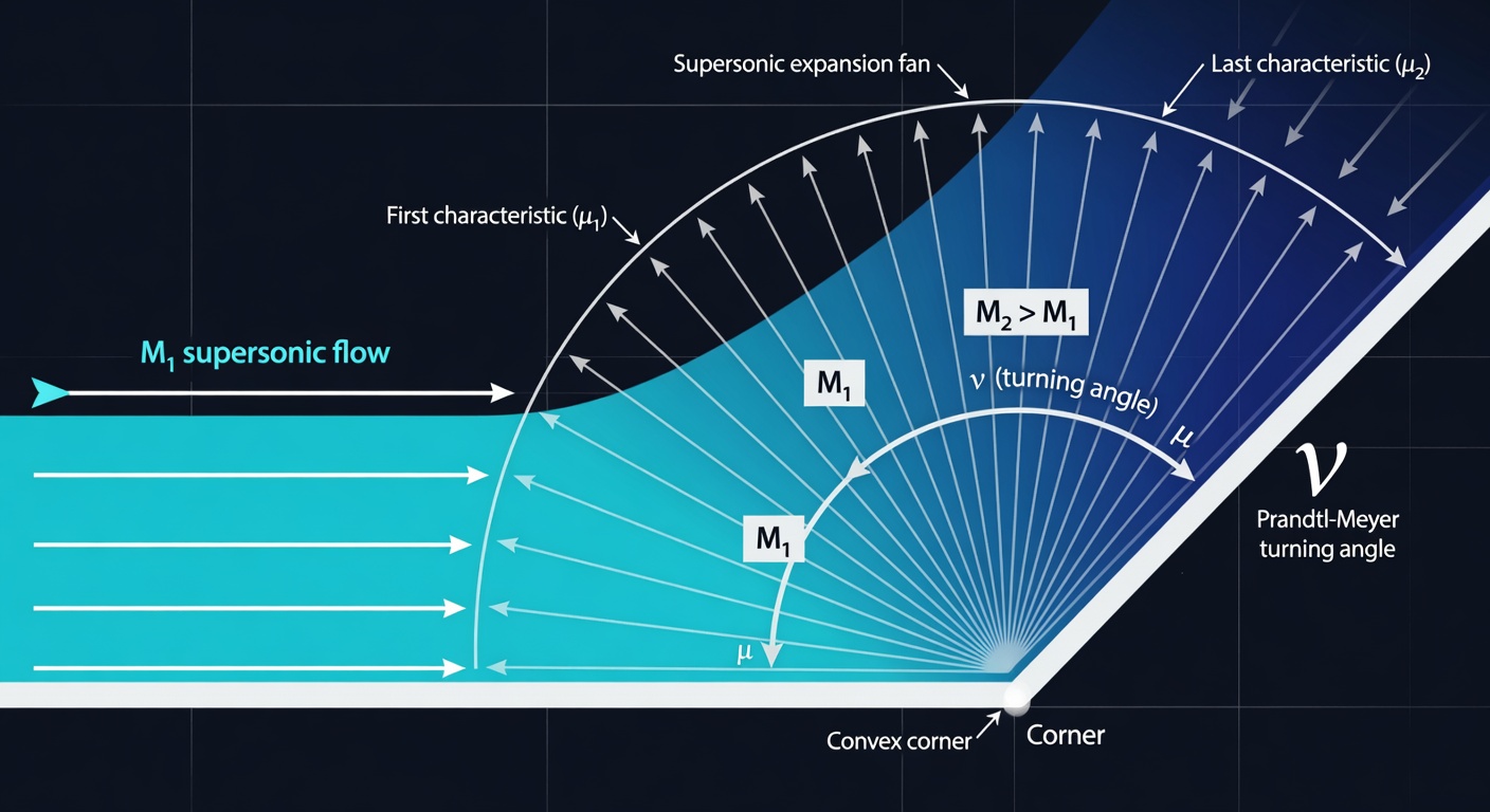 Convex corner with a fan of Mach waves (characteristic lines) spreading from the corner, flow turning gradually through the fan with increasing Mach number.