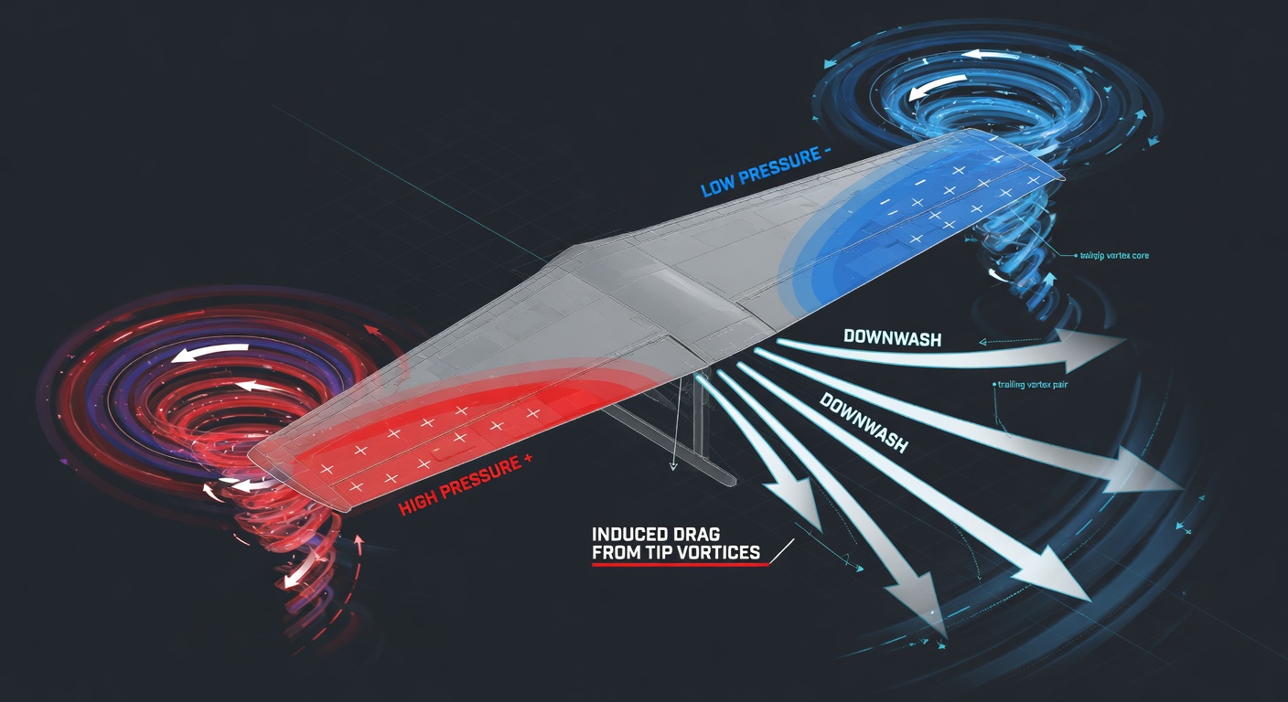 3D view of finite wing with tip vortices rolling up from high pressure below to low pressure above, trailing behind as helical vortices, with downwash in the wake.